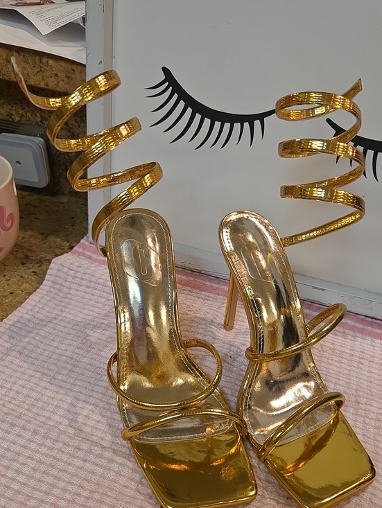 None Shoes - Gold Spiral Strap High Heel Sandals - Women's Metallic Stilettos 5 In Size 40